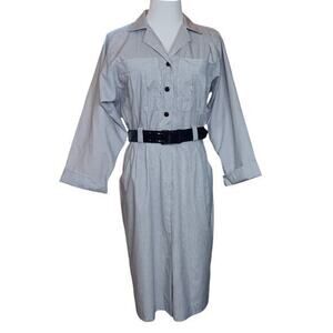 VINTAGE Union Made Cotton Blend Shirt Dress 1970s 1980 Blue White Stripe Size 10